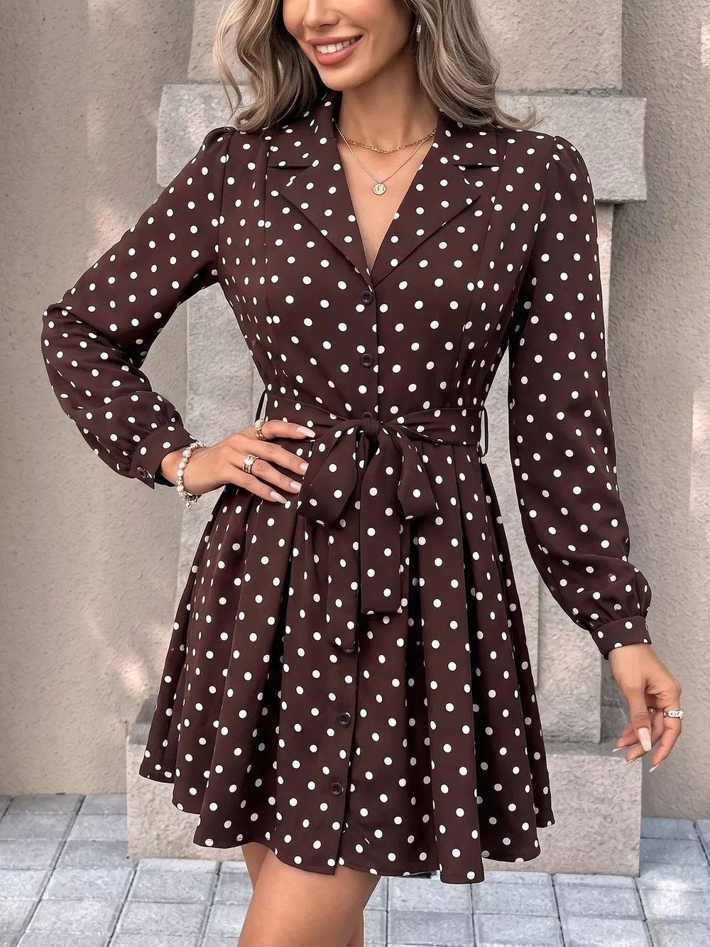 Polka Dot Long Sleeve Shirt Dress, image 3
