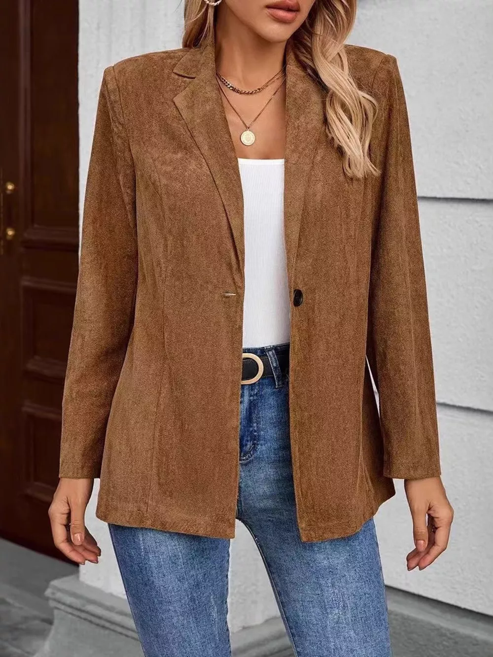 Lapel Collar Single-Button Blazer, image 3
