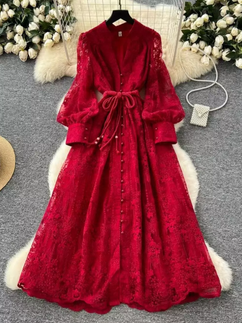 Lace Tie Waist Long Sleeve Dress, image 9