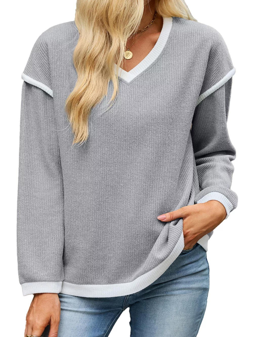 Casual V-Neck Dropped Shoulder Sweater, image 23
