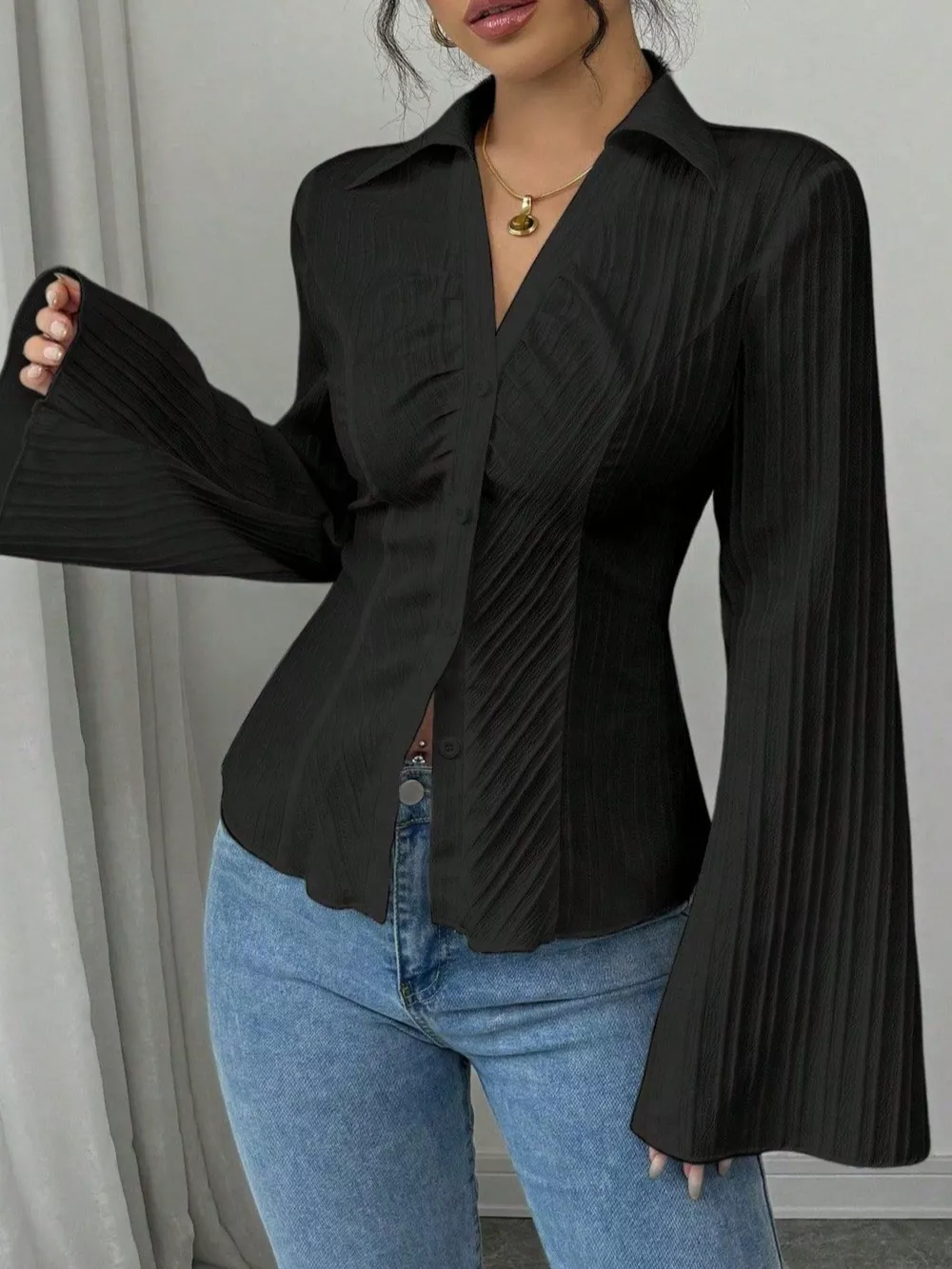 Flare Sleeve Button Up Shirt, image 2