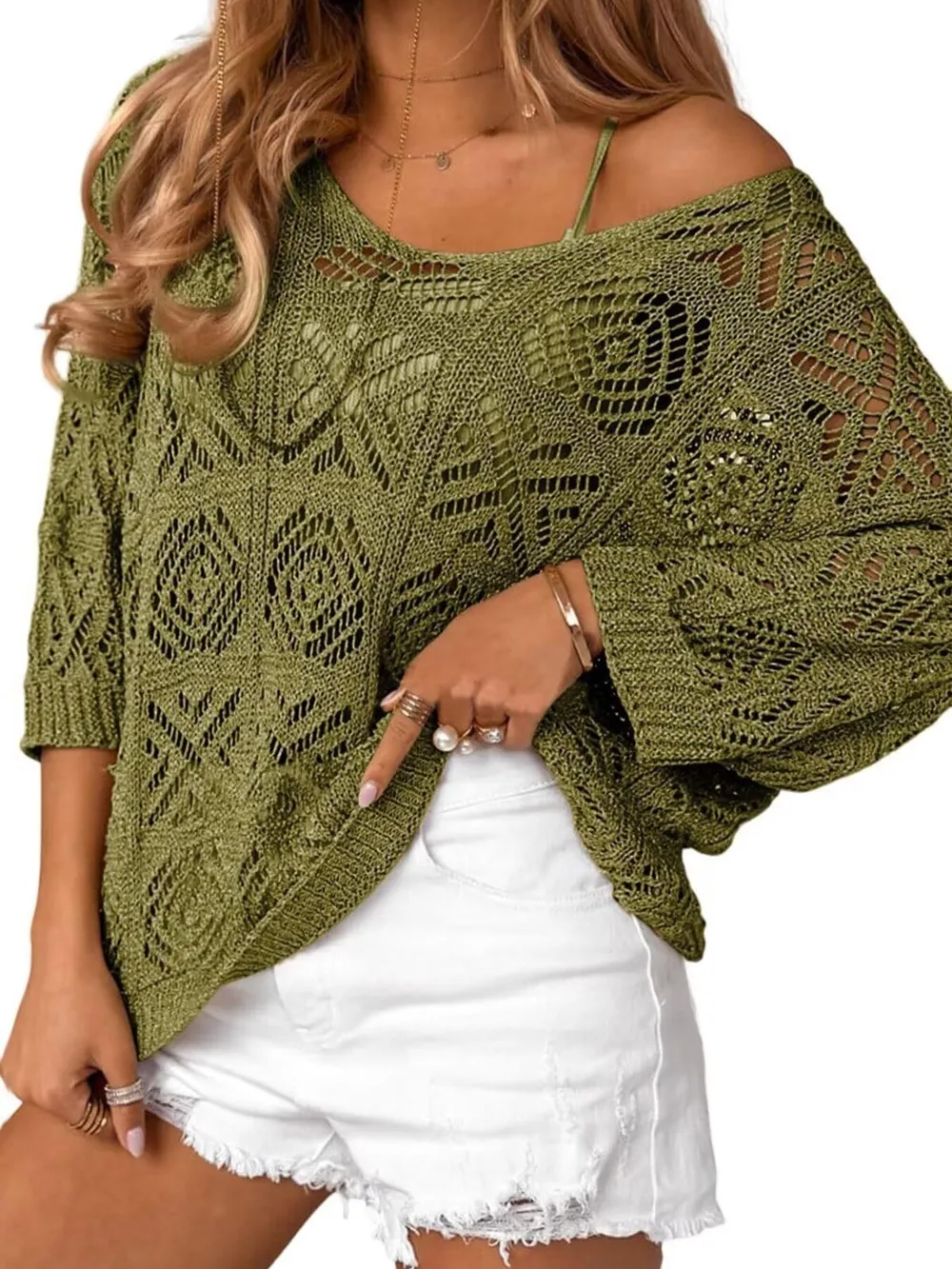 Openwork 3/4 Sleeve Knit Cover Up, image 7