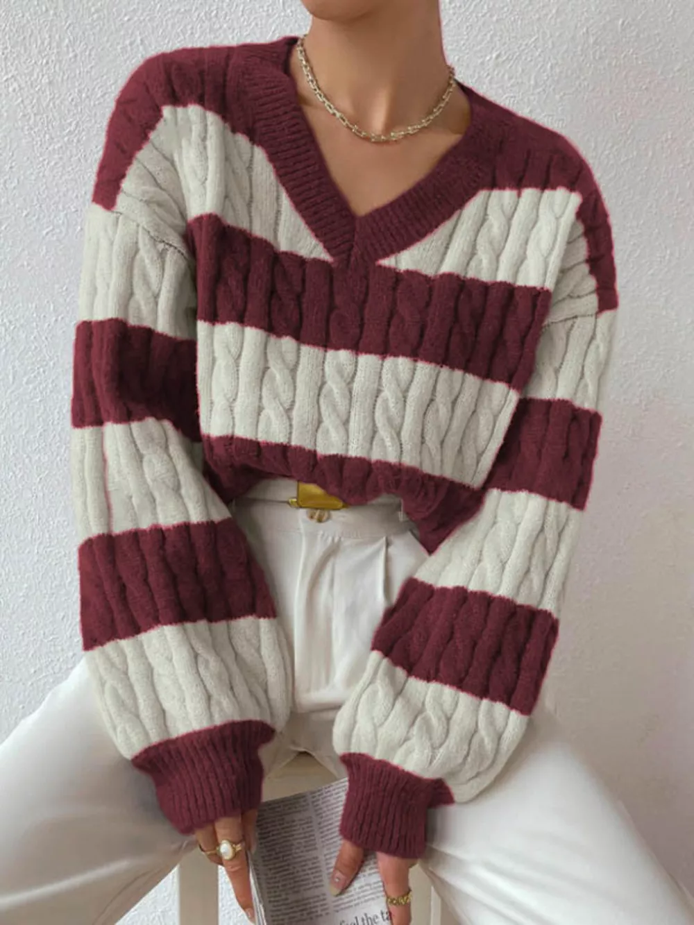 V-Neck Striped Cable Knit Sweater, image 3