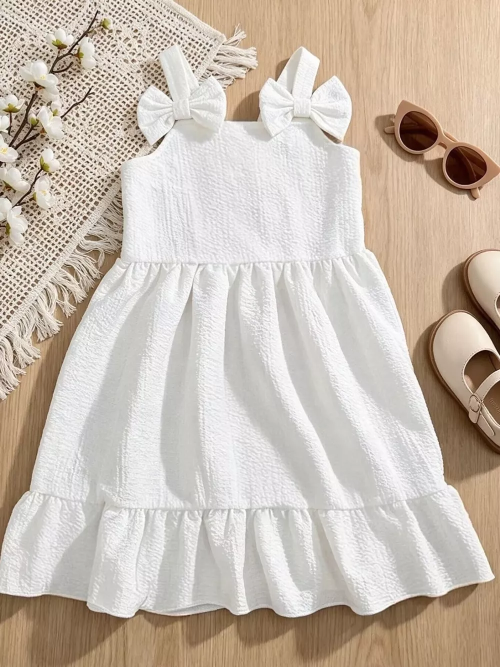 Children's Bowknot Decor Ruffle Hem Sleeveless Dress