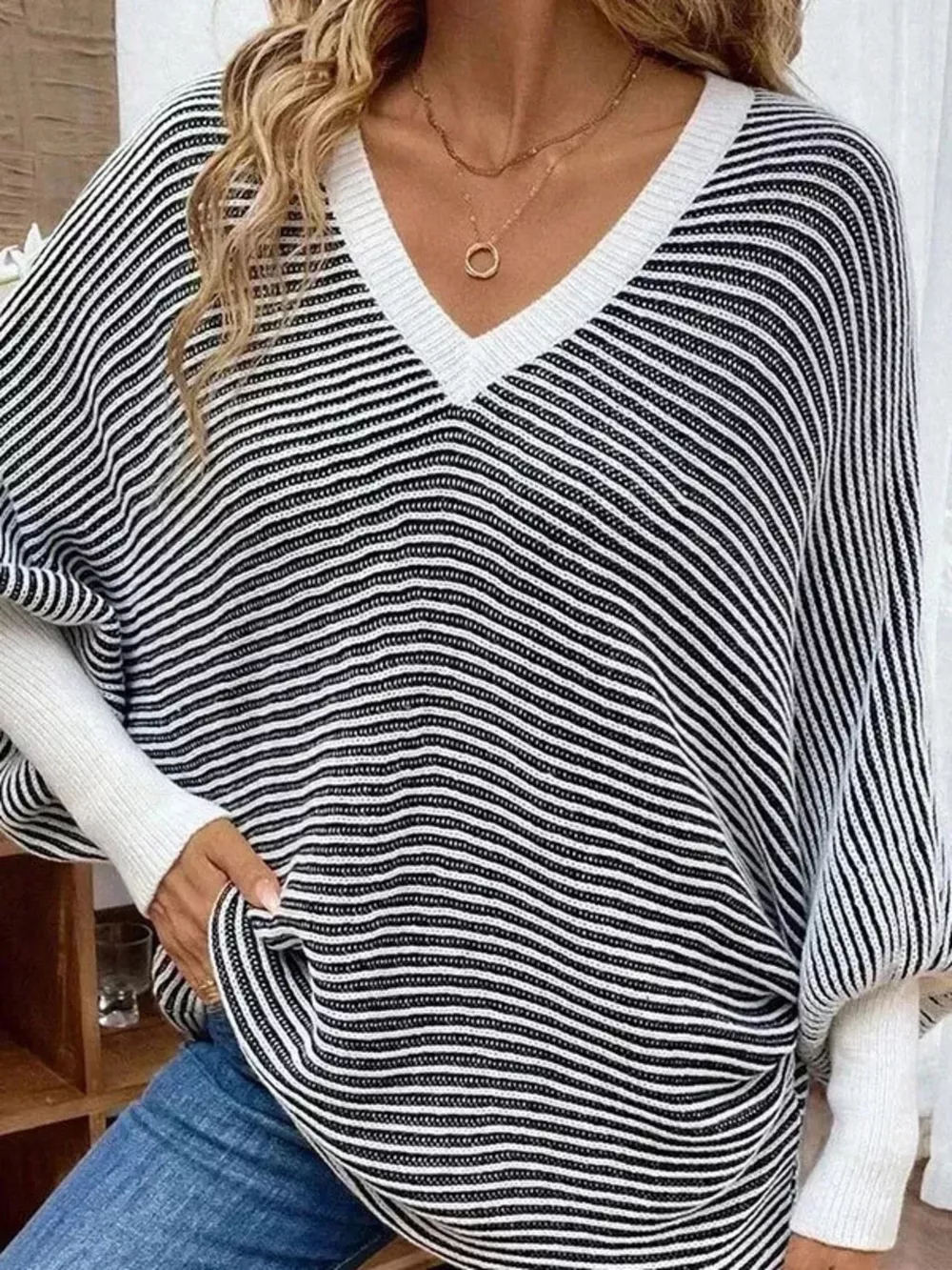 V-Neck Striped Batwing Sleeve Sweater, image 3