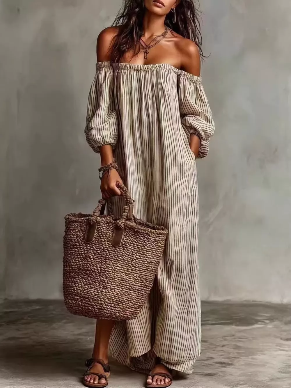 Full Size Off-Shoulder Striped Maxi Dress with Puff Sleeves Plus Size, image 2