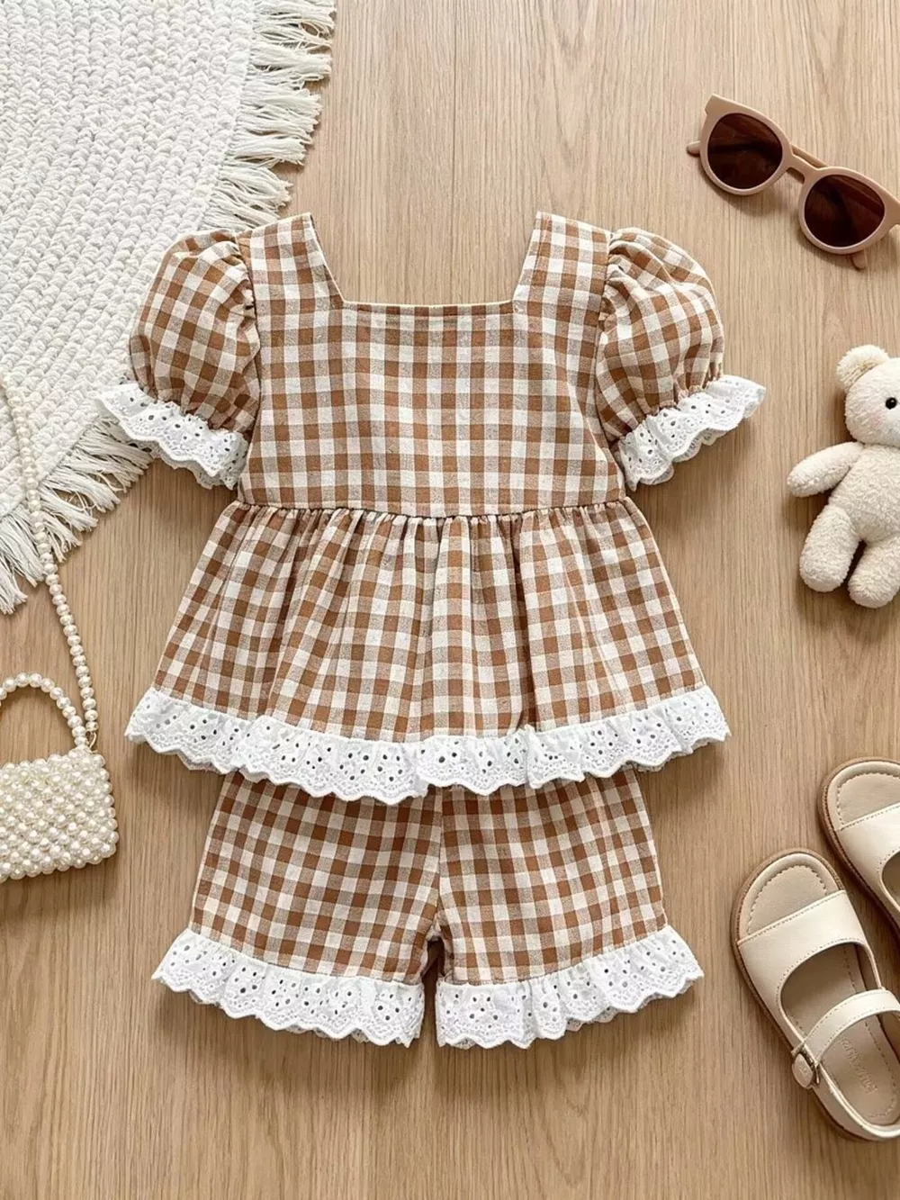 Children's Gingham Ruffle Trim Top and Shorts Set, image 8
