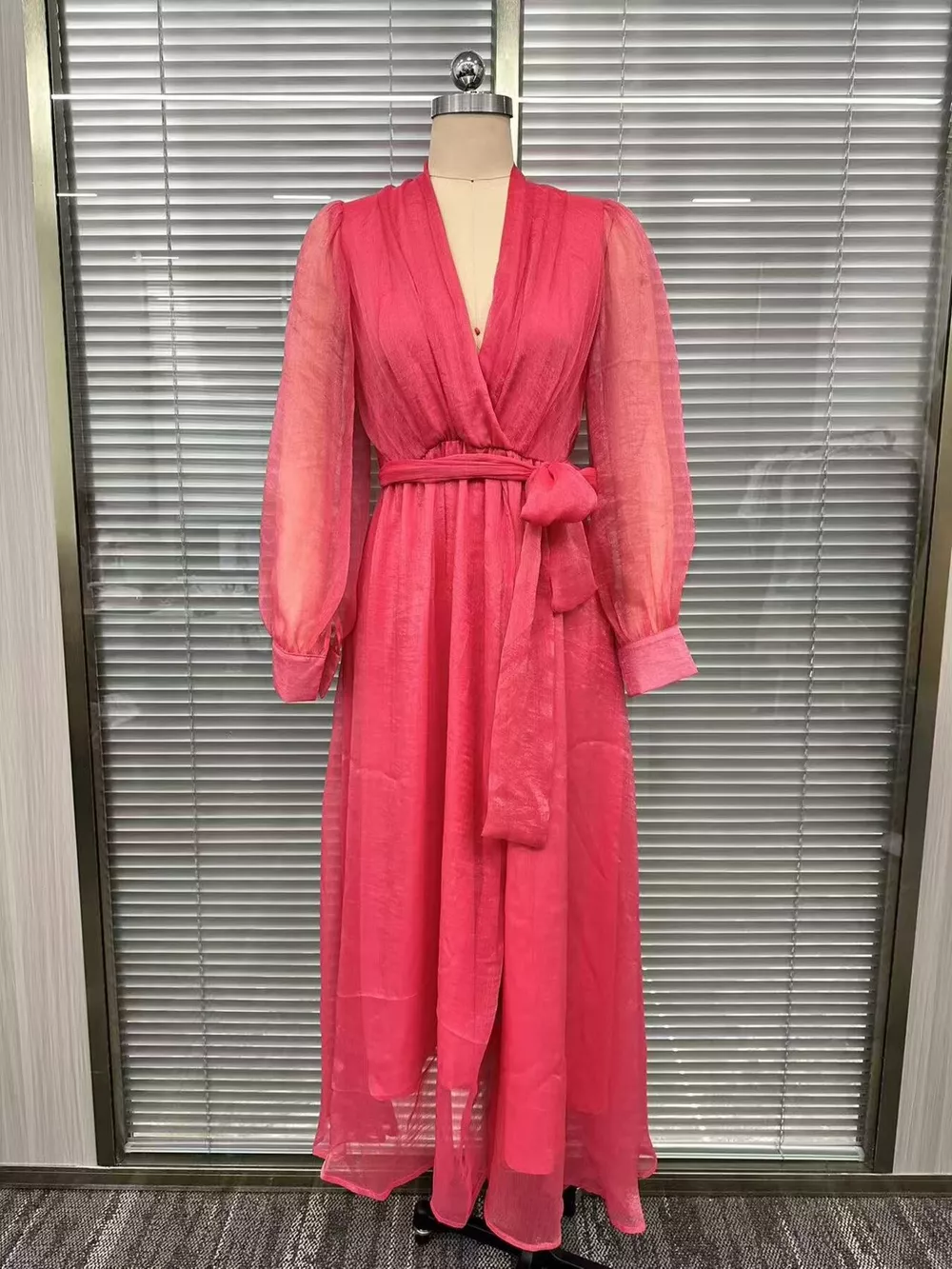 Long Sleeve Chiffon Wrap Maxi Dress with High Slit, image 3