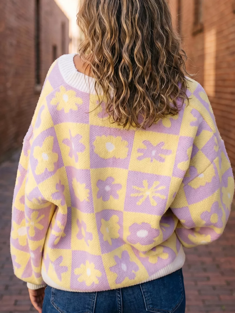 Plus Size Multicolour V Neck Plaid Floral Long Sleeve Sweater, image 2