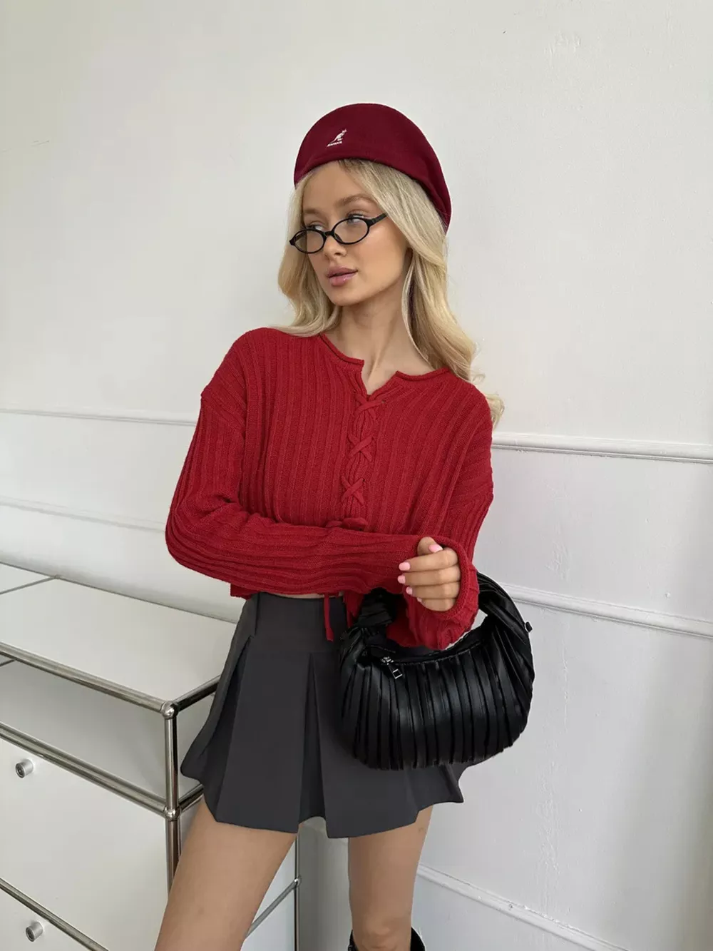 Ribbed Lace-Up Crop Sweater, image 12