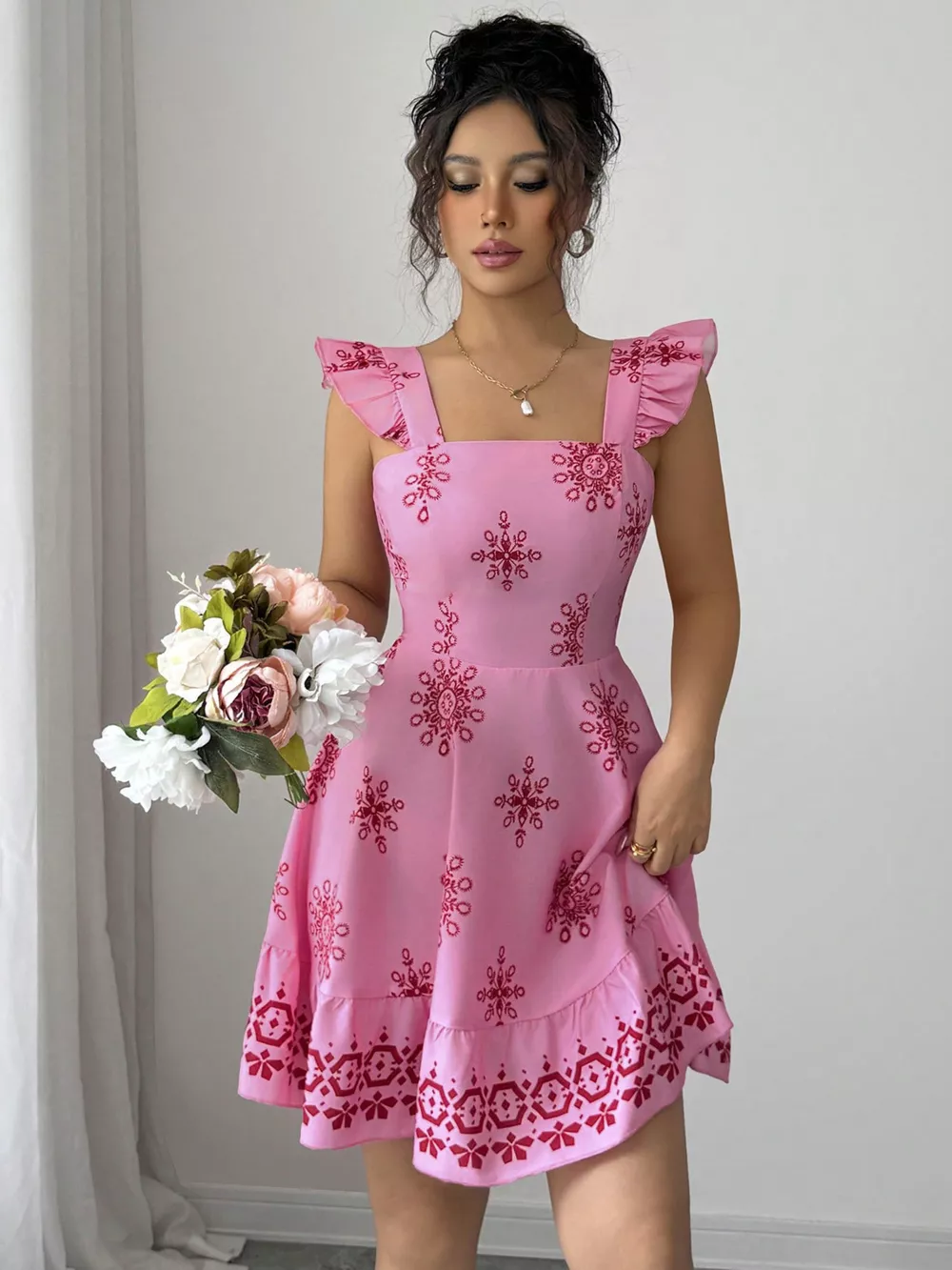 Printed Bow Back Square Neck Mini Dress, image 10