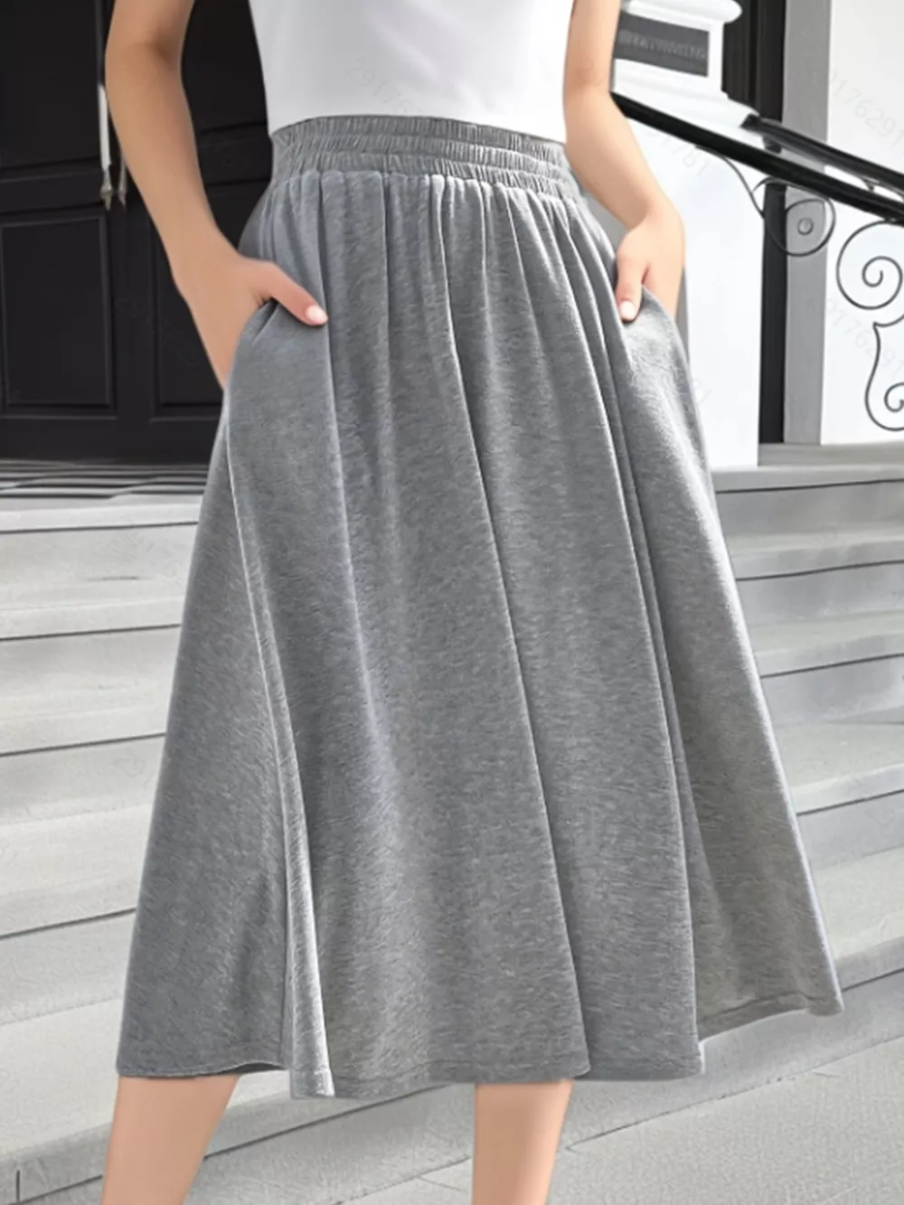 Elastic Waist A-Line Skirt with Pockets, image 2