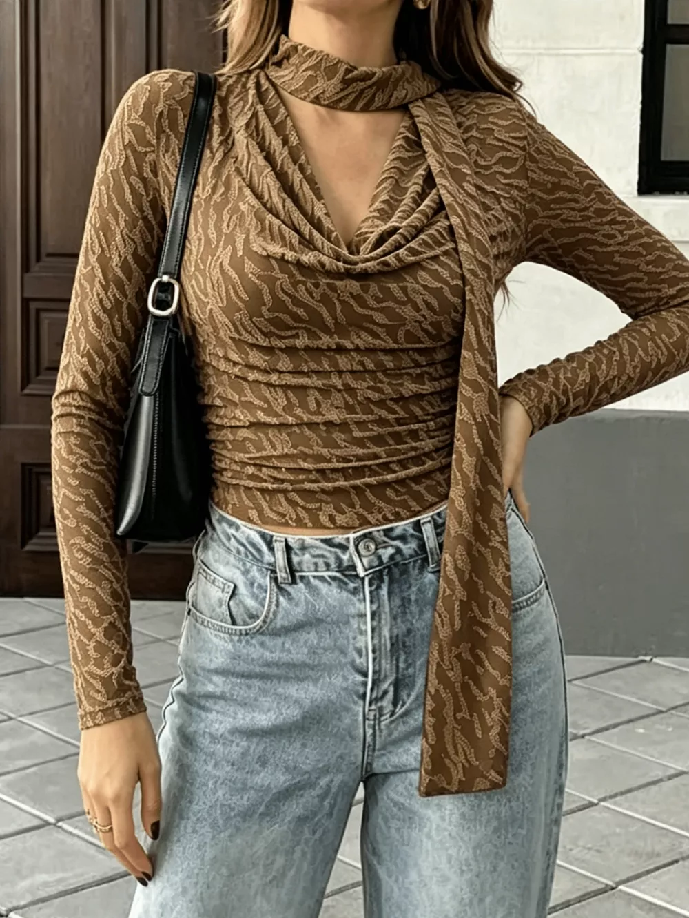 Textured Cowl Neck Long Sleeve Blouse with Scarf Detail, image 7