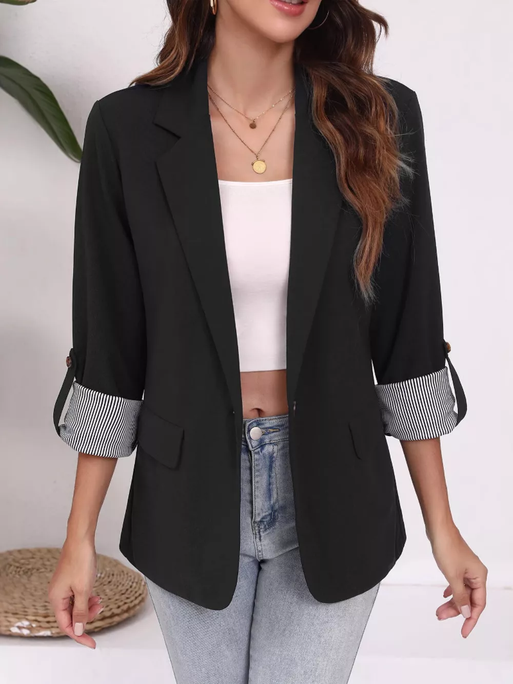 Lapel Collar Roll-Up Sleeve Blazer, image 2