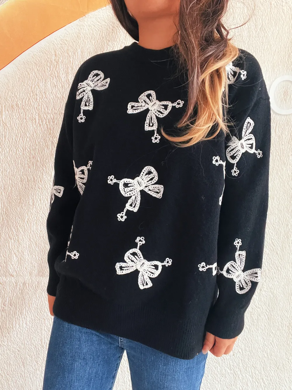 Bow Round Neck Long Sleeve Sweater, image 3