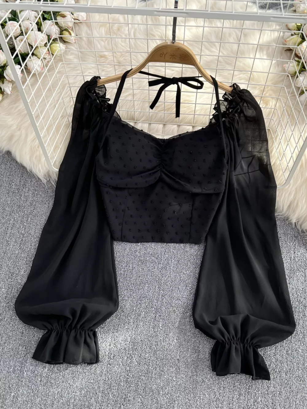 Swiss Dot Flounce Sleeve Blouse