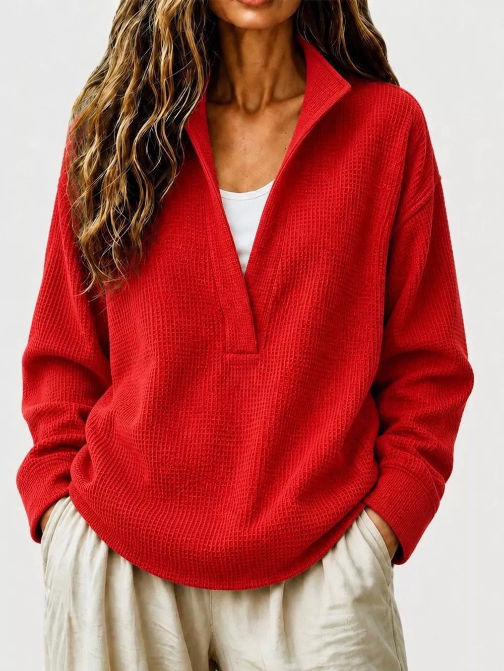 Full Size Waffle Knit Dropped Shoulder Sweatshirt Plus Size, image 2