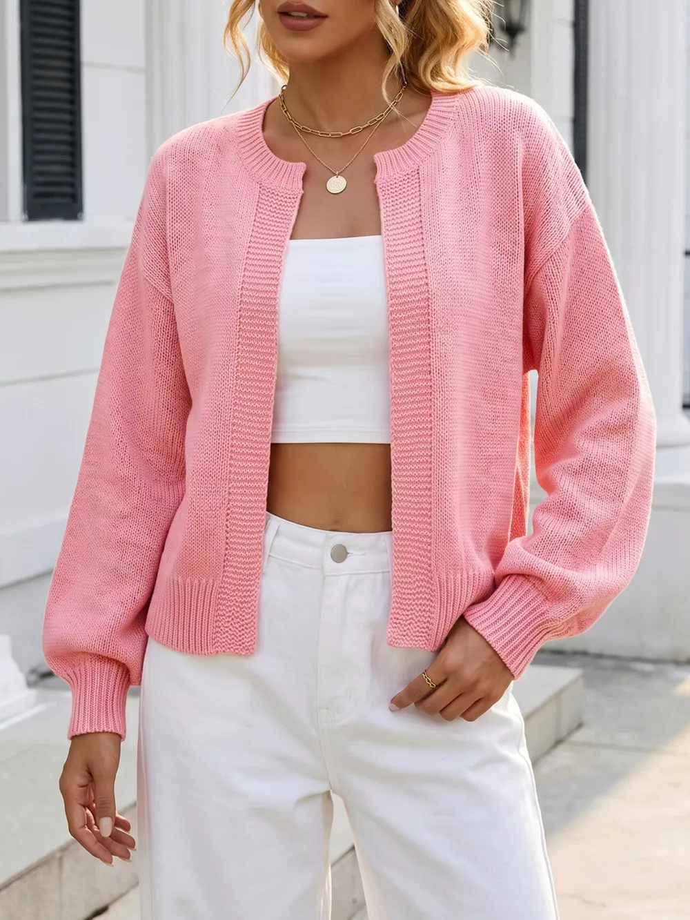 Casual Open-Front Knit Cardigan with Ribbed Trim