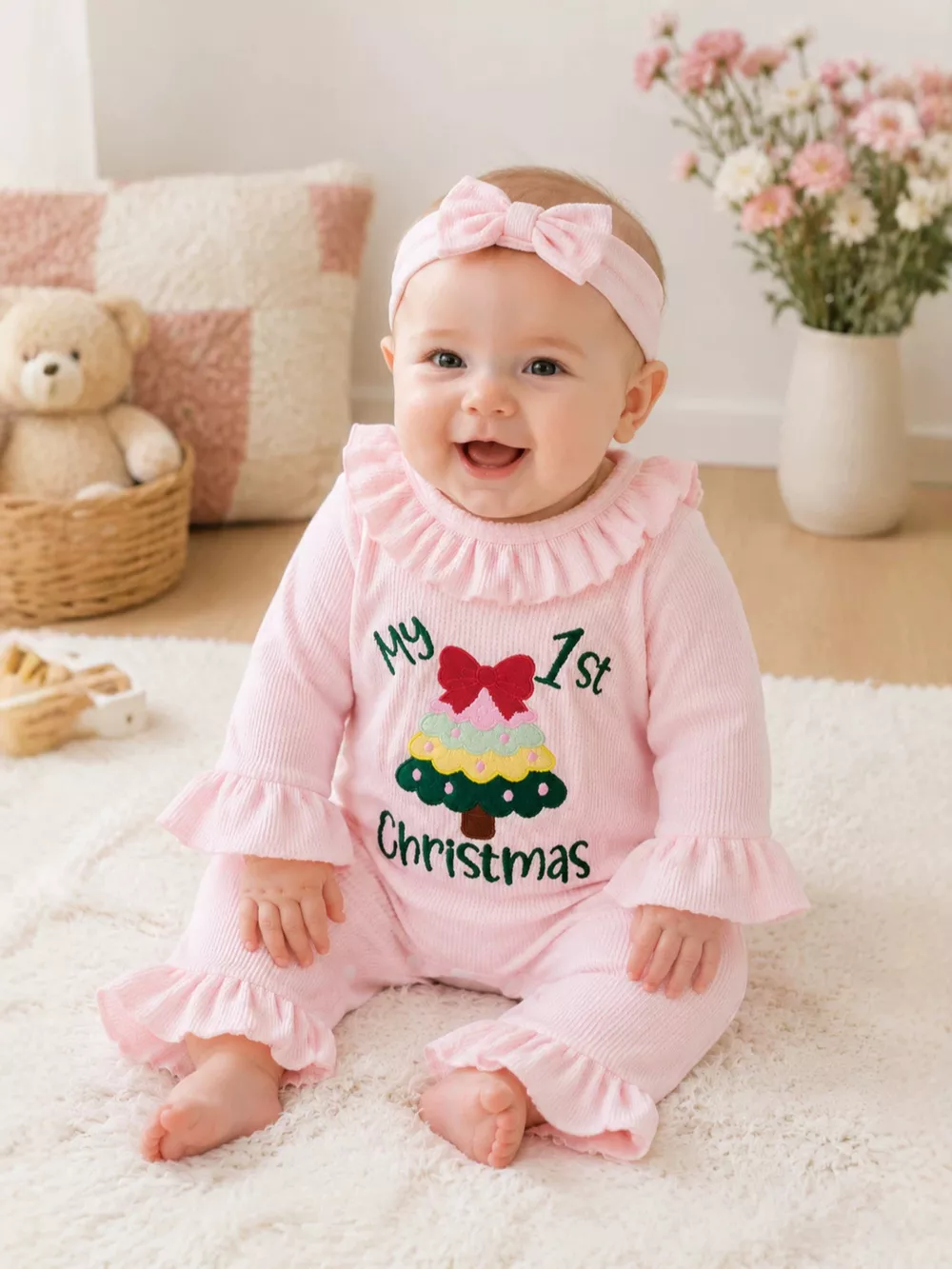 Children's 'My 1st Christmas' Ribbed Ruffle Jumpsuit and Headband Set, image 2