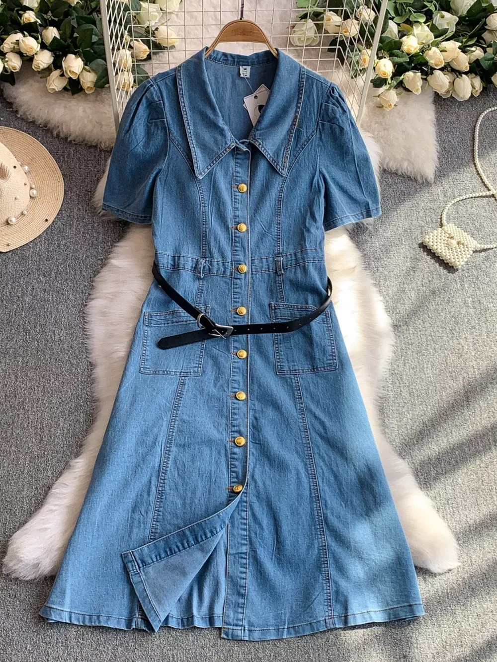 Button Front Short Sleeve Denim Dress, image 4