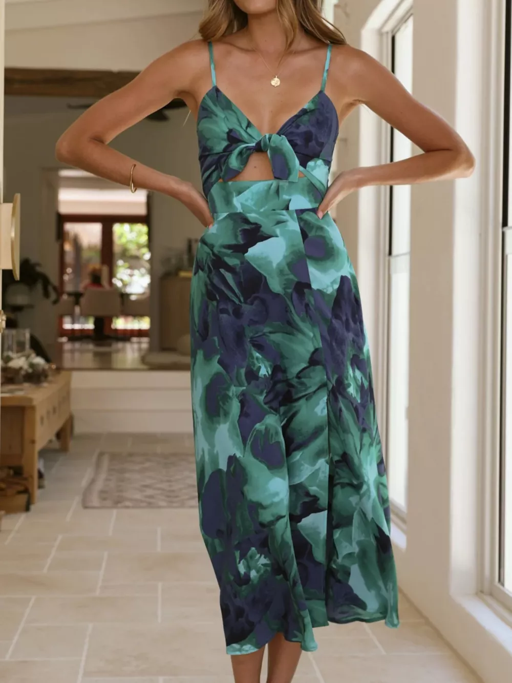 Floral Print Tie-Front Slit Midi Dress, image 4