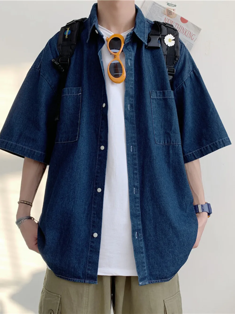 Men's Button Up Short Sleeve Denim Shirt, image 2