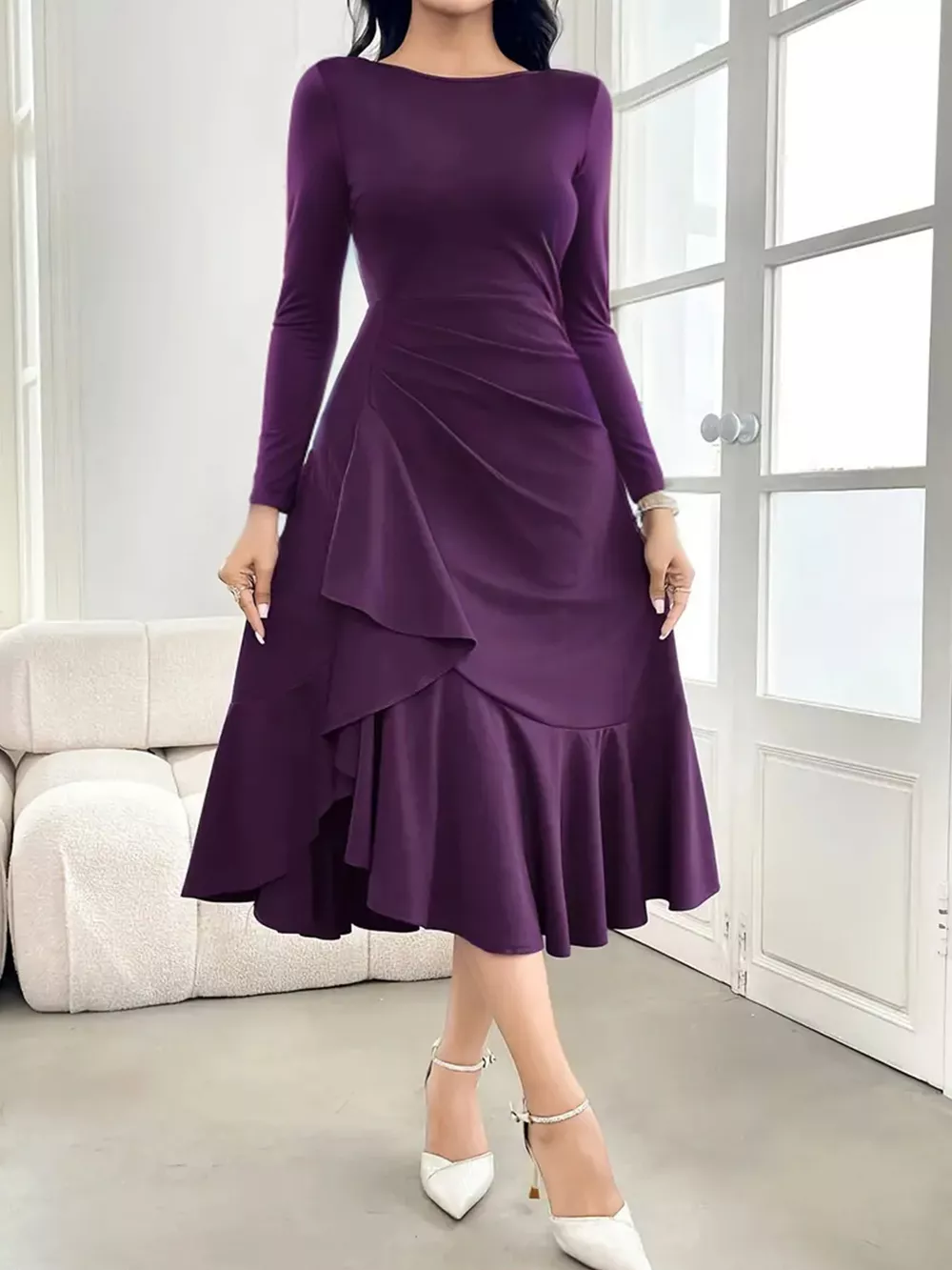 Ruffle Hem Long Sleeve Midi Dress, image 2