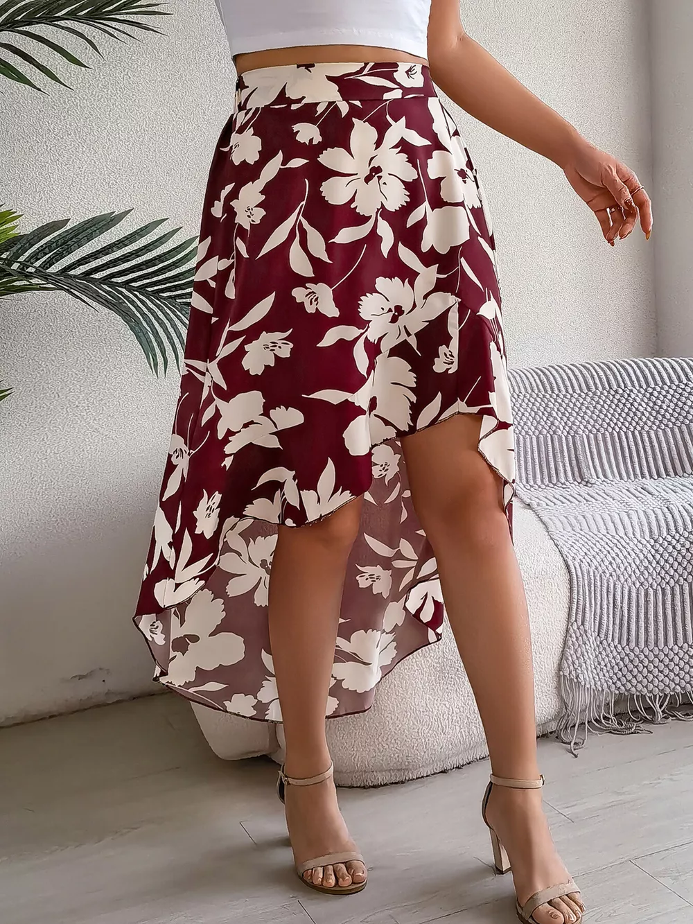 Floral Print Ruffle Hem Asymmetrical Skirt, image 13