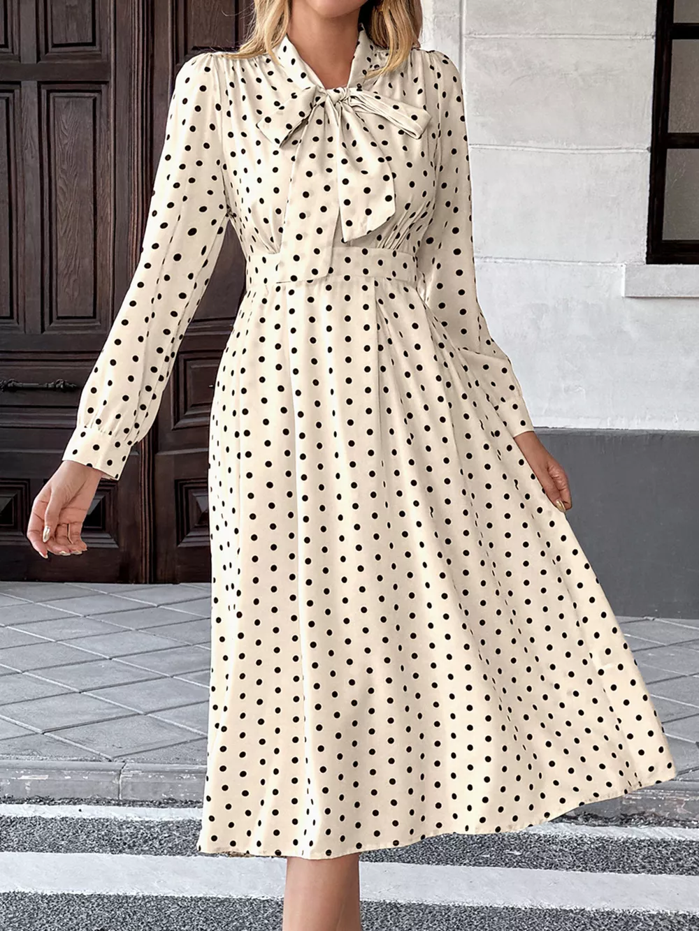Polka Dot Tie Front Long Sleeve Midi Dress, image 4