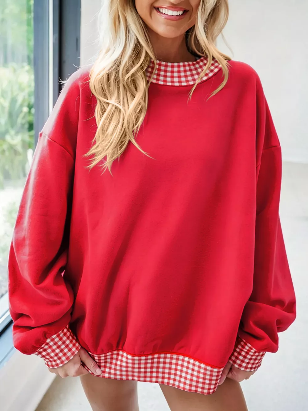 Gingham Trim Dropped Shoulder Sweatshirt, image 3