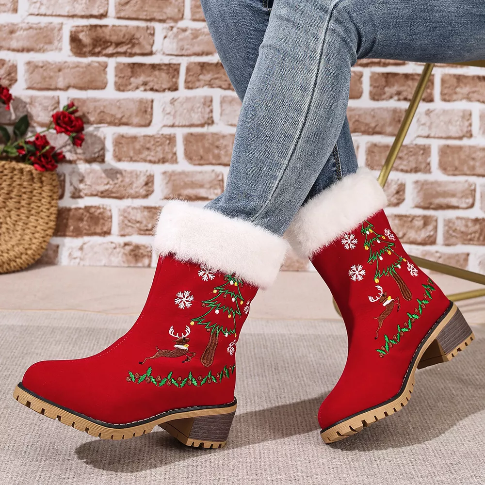 Christmas Embroidered Block Heel Ankle Boots, image 2