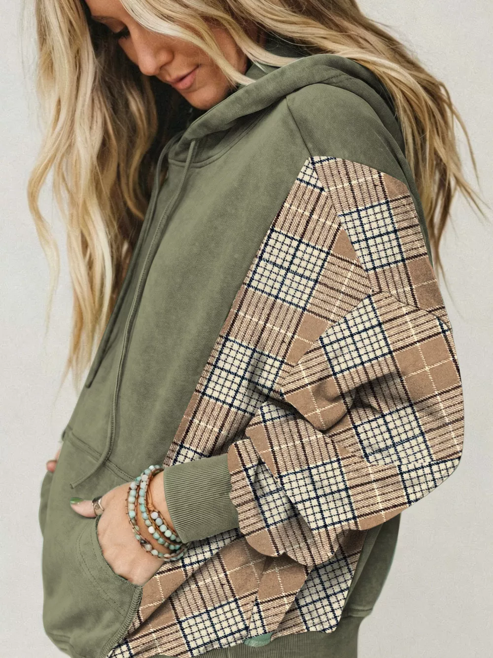 Plaid Sleeve Drawstring Pocket Hoodie, image 3