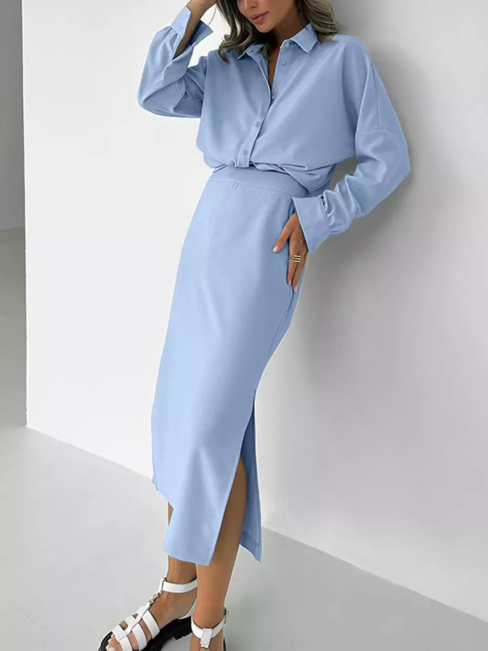 Long Sleeve Shirt and Slit Midi Skirt Set