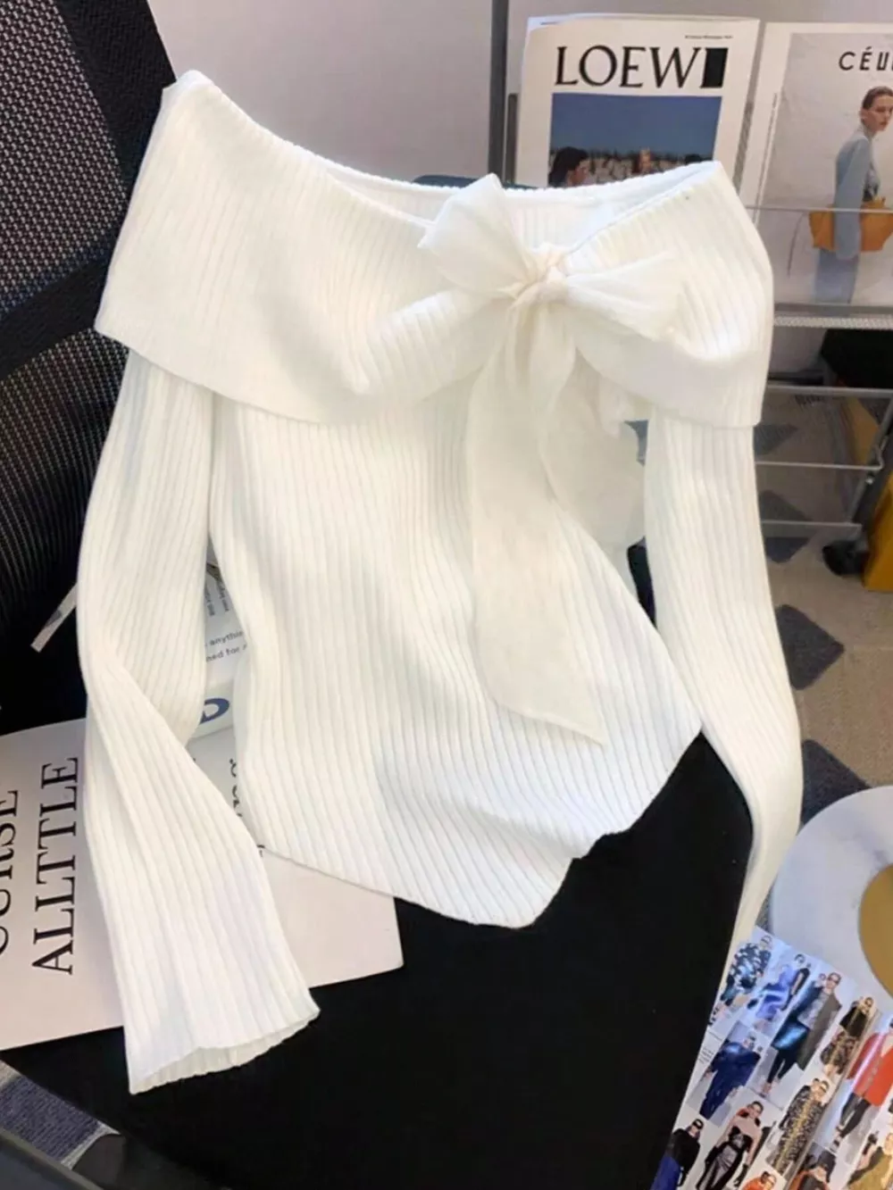 Off-Shoulder Bowknot Ribbed Knit T-Shirt, image 5