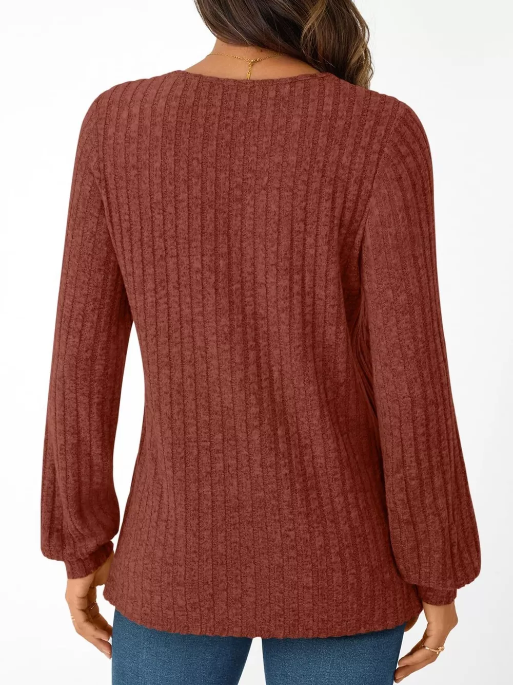 Ribbed Knit V-Neck Long Sleeve T-Shirt, image 20