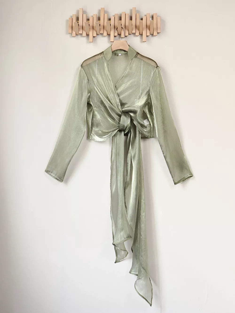Sheer Front Tie Detail Long Sleeve Shirt, image 7