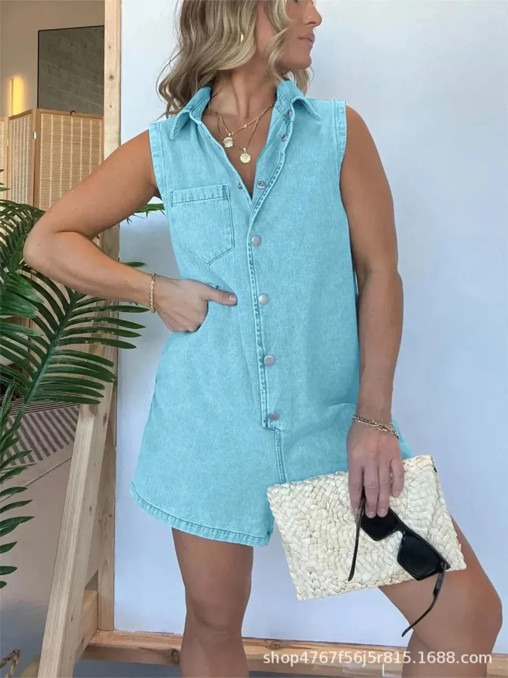 Button Front Sleeveless Denim Romper, image 3