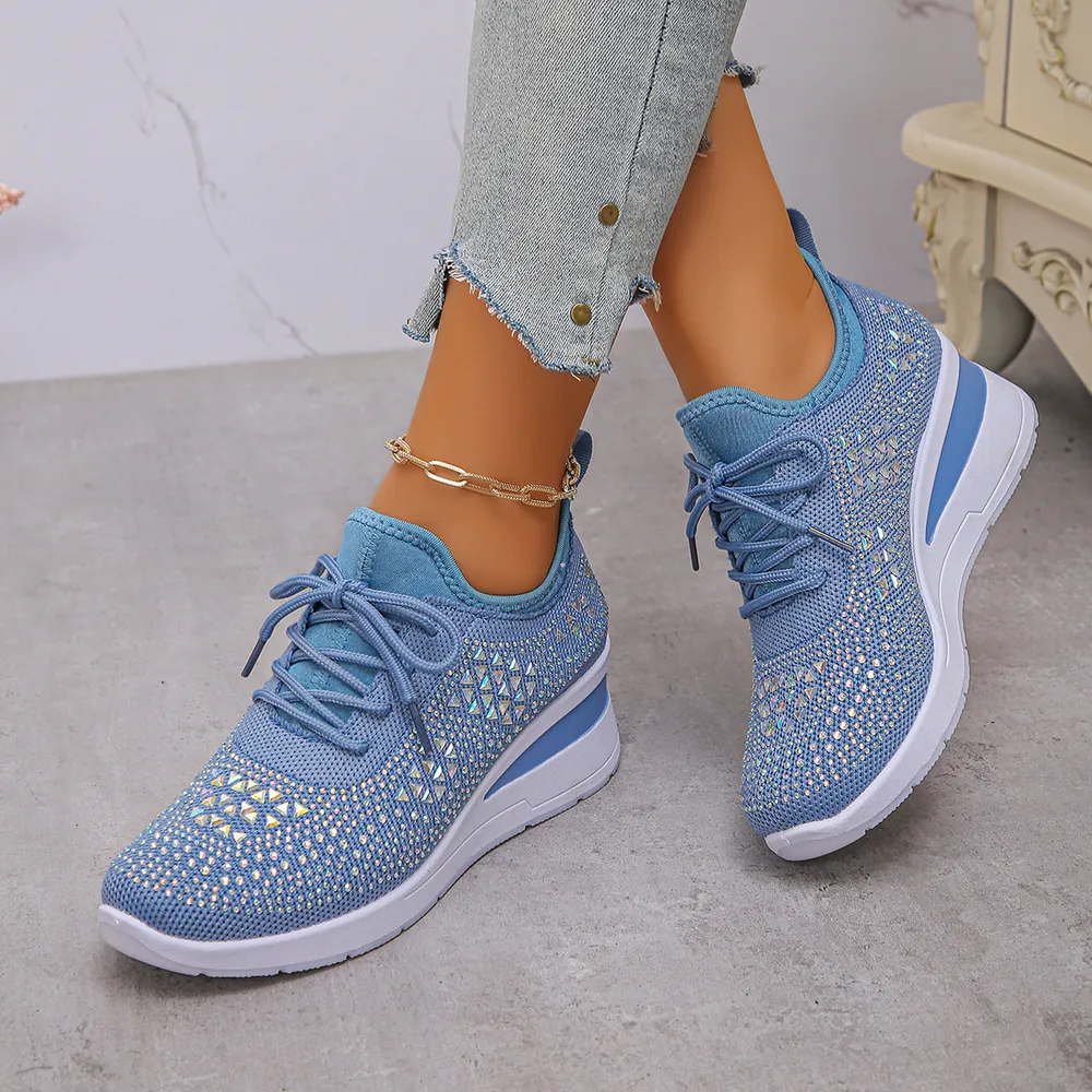 Breathable Mesh Rhinestone Wedge Athletic Sneakers, image 10