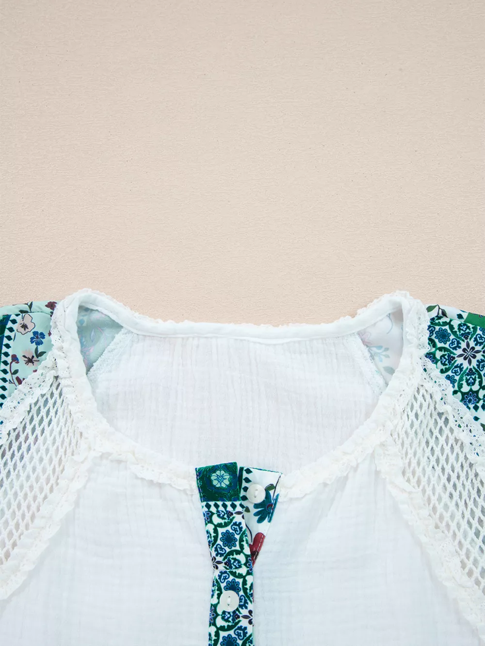 Mesh Patched Color Block Half Button Blouse, image 6