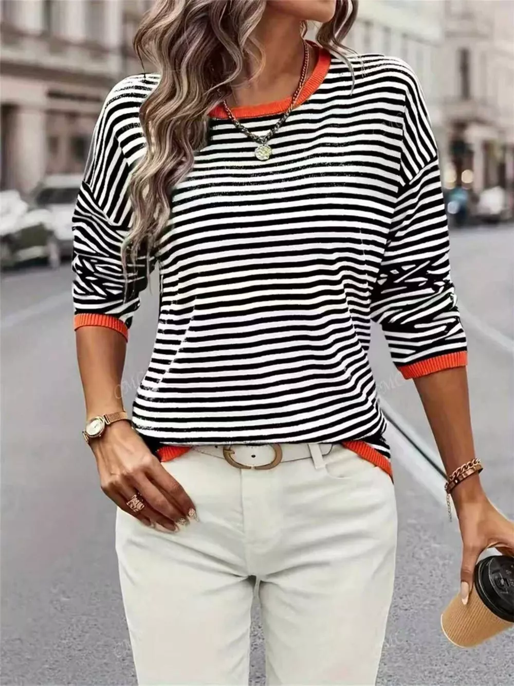 Plus Size Contrast Striped Long Sleeve Sweater, image 2