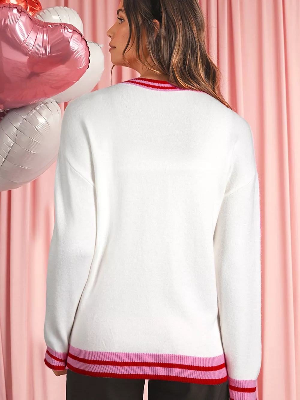 Striped Trim Bow Graphic Round Neck Drop Shoulder Sweater, image 2