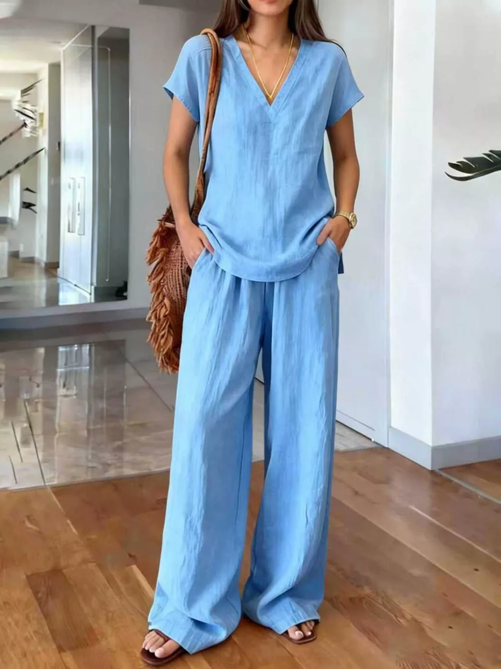 Full Size V-Neck Short Sleeve Top and Pants Set Plus Size, image 5