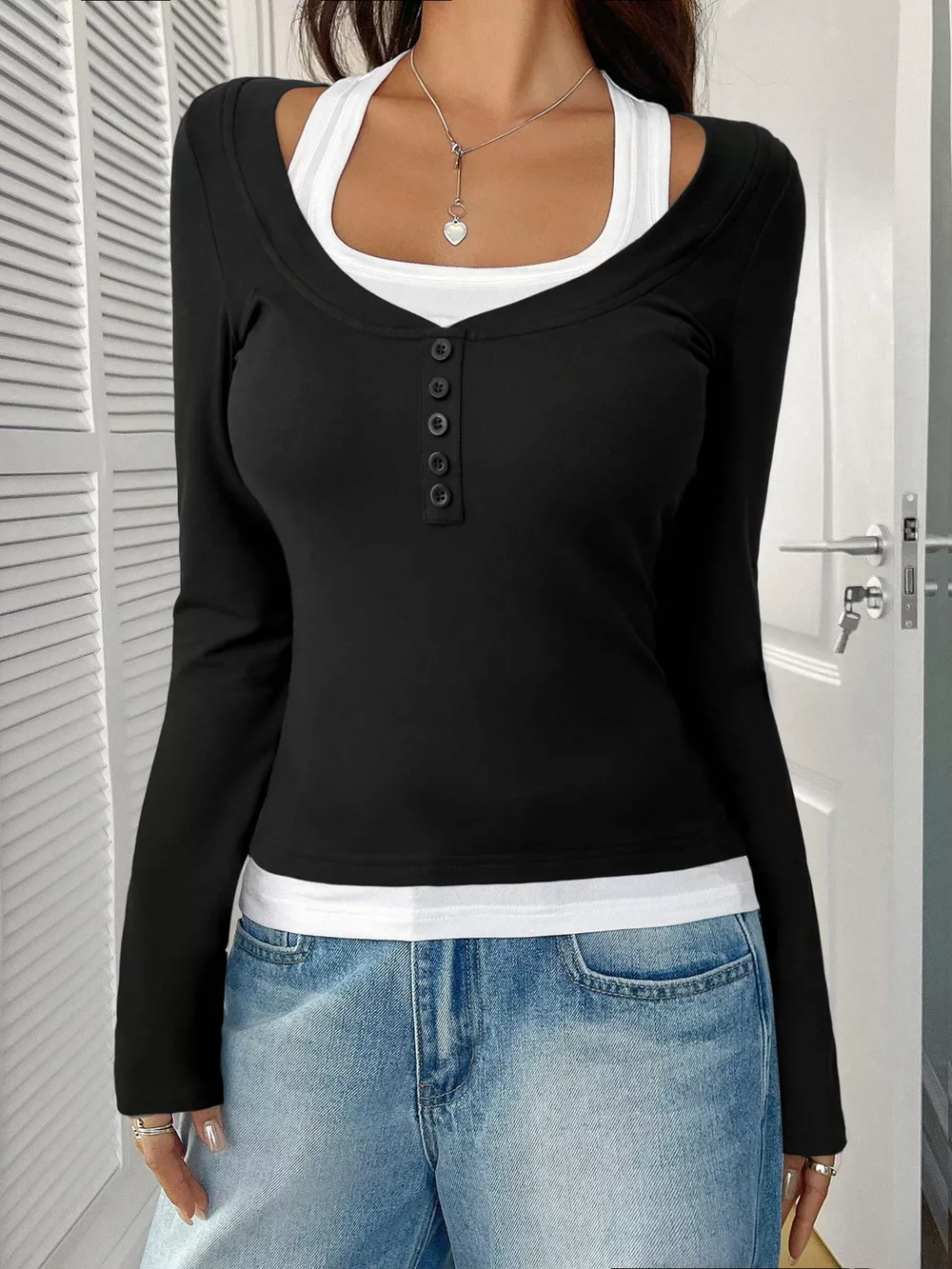 Scoop Neck Long Sleeve Fake Two-Piece T-Shirt, image 14