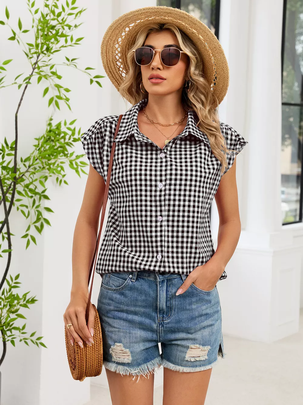 Plaid Button Up Cap Sleeve Shirt, image 18