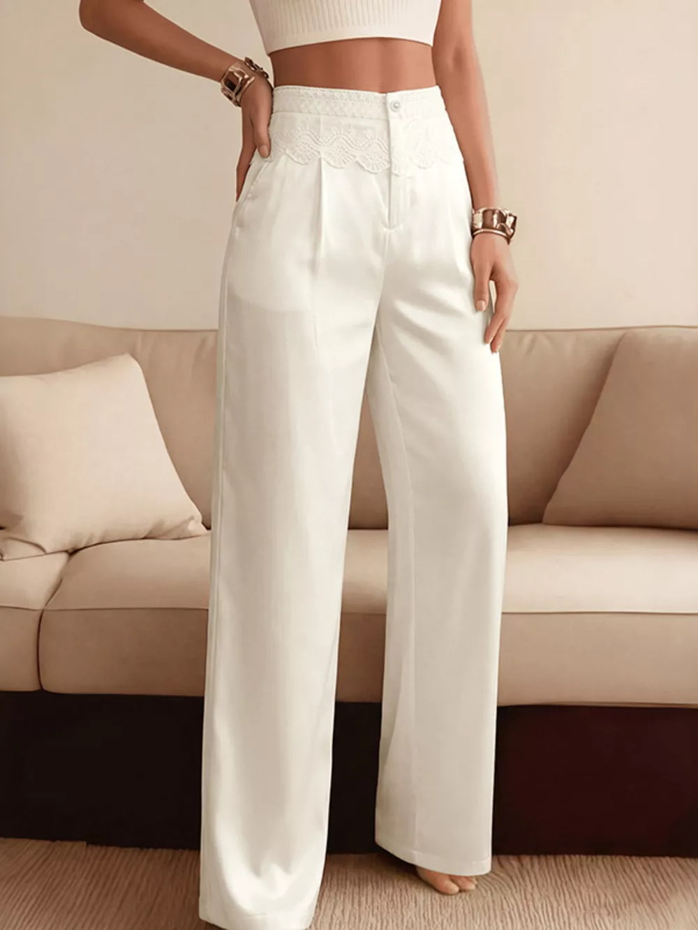 Lace Waist Wide Leg Pants, image 2