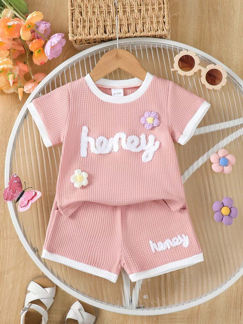Children's Honey Flower Waffle Knit Tee and Shorts Set