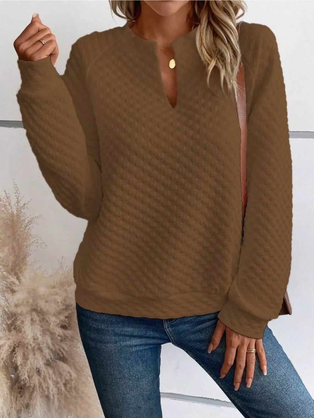 Textured Notched Raglan Sleeve Sweatshirt, image 6