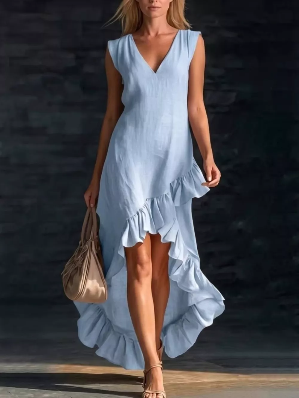 Full Size Ruffled Asymmetrical Hem V-Neck Sleeveless Dress Plus Size, image 6