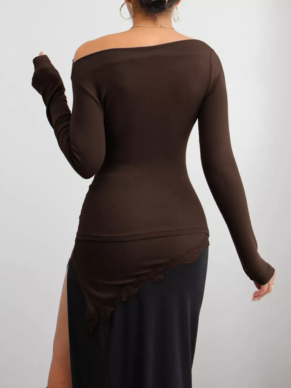 Asymmetrical One-Shoulder Ruched T-Shirt with Lace Trim, image 5