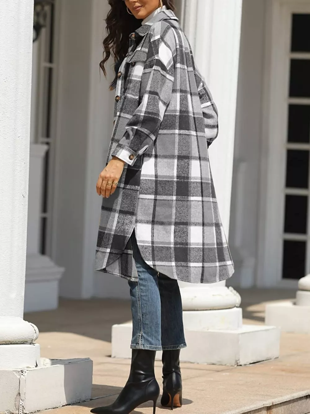 Longline Plaid Button-Up Coat, image 2